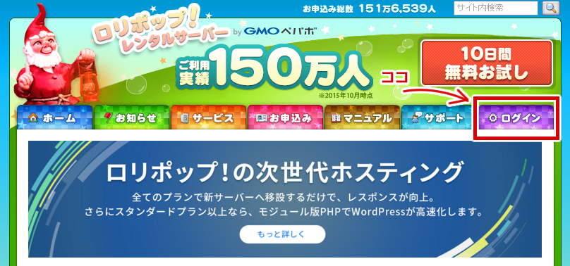 ログインボタンが右上にあります